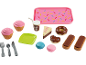 Toy dessert tray with cupcakes, donuts, cakes, coffee, macarons, and cutlery.