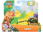Yellow and green construction toy with a puppy, featuring a dinosaur theme.