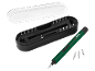Green electric screwdriver with interchangeable bits and a clear plastic case.