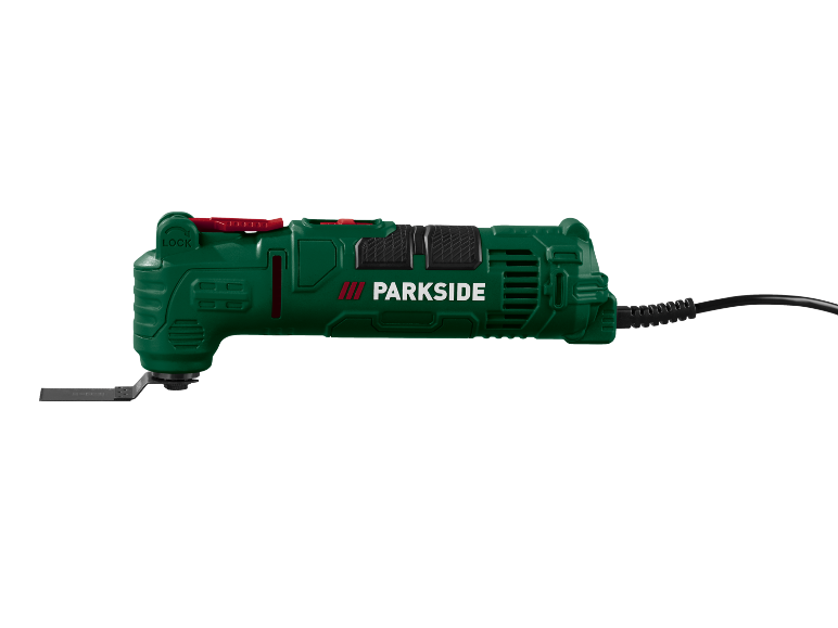 Green multi-tool with a saw blade attachment and a black power cord.