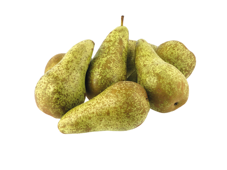 A pile of speckled green and brown pears on a black background.