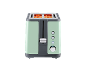 Light green two-slice toaster with control buttons.