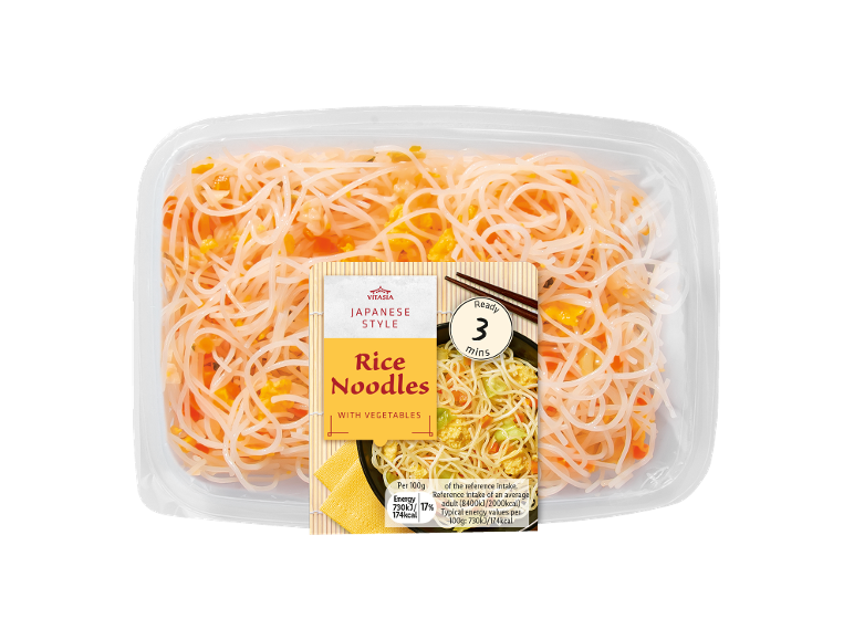 Japanese style rice noodles with vegetables in a container, ready in 3 minutes.
