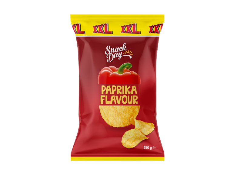 Red XXL paprika flavour crisps bag, featuring a bell pepper and crisps.