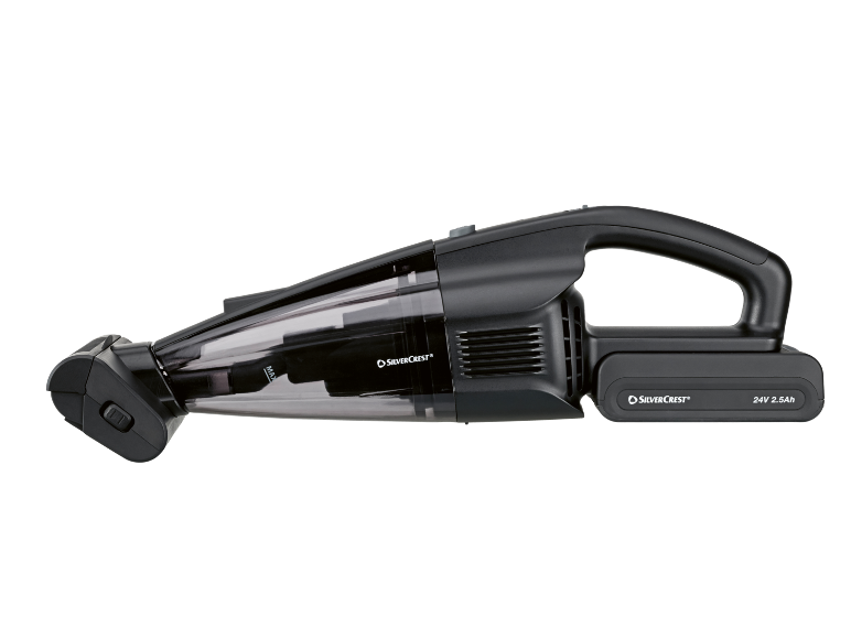 Cordless handheld vacuum cleaner with a 24V 2.5Ah battery, in black.