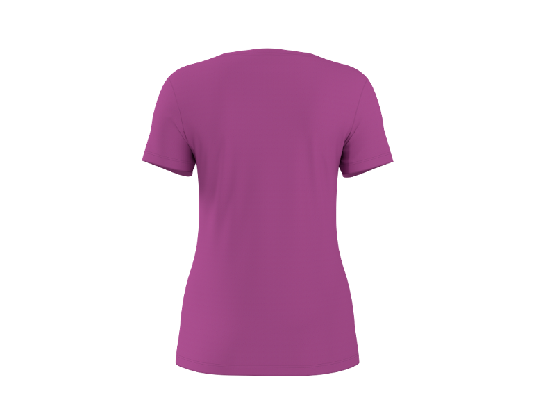 Women's purple basic t-shirt, back view.