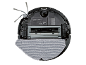 Underside of a black robot vacuum cleaner with a grey cleaning cloth and side brushes.
