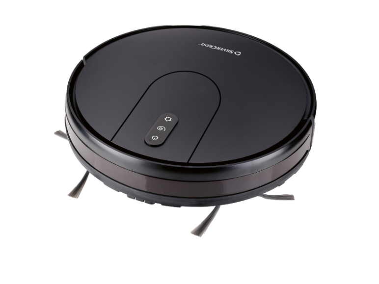 Black robotic vacuum cleaner with power, home, and spiral buttons.