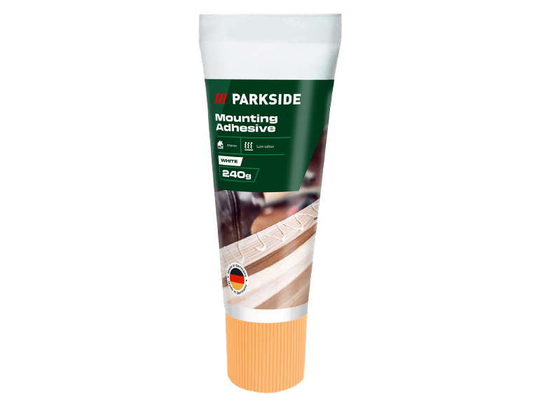 White 240g mounting adhesive for interior use, low-odour, made in Germany.