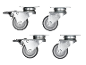 Set of four metal swivel casters with grey wheels, two with brakes and two without.