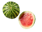 Whole and half watermelon with red flesh on a black background.