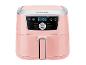 Pink air fryer with digital display showing 180 degrees, and cooking functions like air fry, roast, bake.