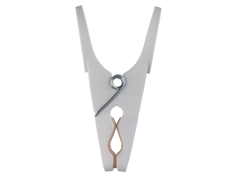 White plastic clothes peg with a spring.