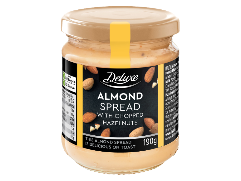 Almond spread with chopped hazelnuts, 190g jar, delicious on toast.