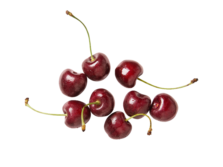 Fresh, dark red cherries with stems, covered in small water droplets.
