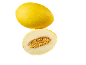 Whole and half-cut yellow melon with seeds on a black background.