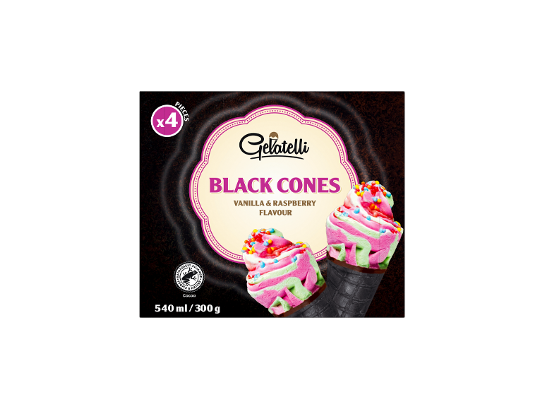 Black cones with vanilla and raspberry ice cream, 4 pieces, 540ml/300g.