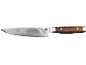 Kitchen knife with wavy pattern blade and brown wooden handle