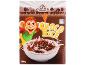 Box of chocolate rice cereals with a cartoon monkey and a bowl with milk.