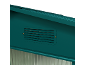 Side ventilation of a green garden shed with horizontal slats.