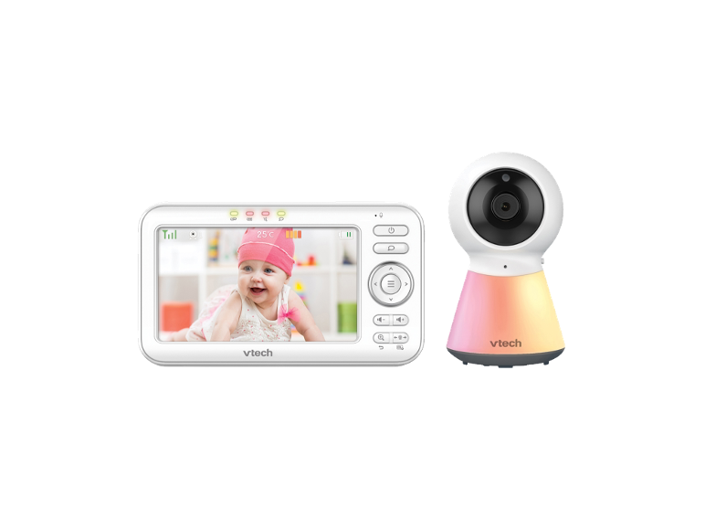 Baby monitor with a screen showing a baby and a camera unit with a night light.