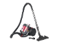 Cylinder vacuum cleaner with red dust container, hose, telescopic tube, and floor nozzle