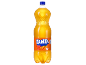 Bottle of orange carbonated drink with a label reading 'New Delicious Taste' and '3% juice'.