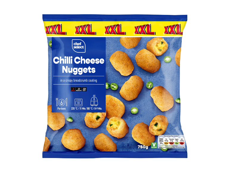 XXL Chilli Cheese Nuggets in a crispy breadcrumb coating, with cooking instructions and nutritional values.