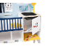 Children's wooden pet hospital play set with medical tools and a crib.