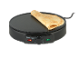 Black electric crepe maker with a golden crepe on top, featuring indicator lights and a control dial.