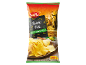 Bag of potato chips flavored with sea salt and olive oil, with a rustic street in the background.