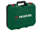 Green tool case with a black handle and red clasps, featuring white text.