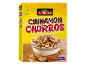 Cinnamon cereal box with a bowl of cereal and cinnamon sticks.