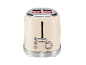 Cream-colored toaster with two slots, chrome accents, and control buttons.