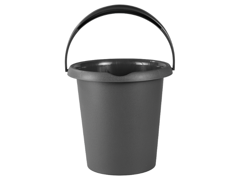Grey bucket with a black handle and a pouring spout.