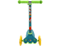 Kids' scooter with green handles and a blue stem featuring dinosaurs and cartoon characters.