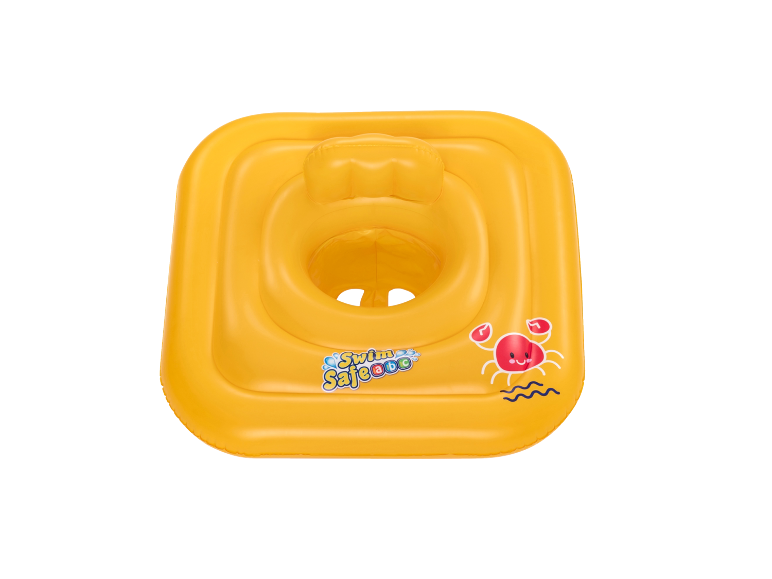 Yellow inflatable baby swim seat with a crab design and 'Swim Safe abc' text.