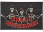 Three skeletons in top hats and red bow ties hold a 'HAPPY HALLOWEEN' banner.