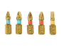 Set of five golden screwdriver bits with colored rings: two blue, two red, and one orange.