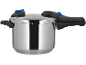 Stainless steel pressure cooker with black handles and blue accents