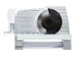 Silver electric slicer with a circular blade and a transparent collection tray.