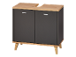 Dark grey bathroom vanity with light wood top and wooden legs.