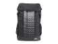 Black backpack with a white dotted pattern and mesh side pockets.