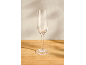 Empty champagne flute on a wooden table with a light wall in the background.