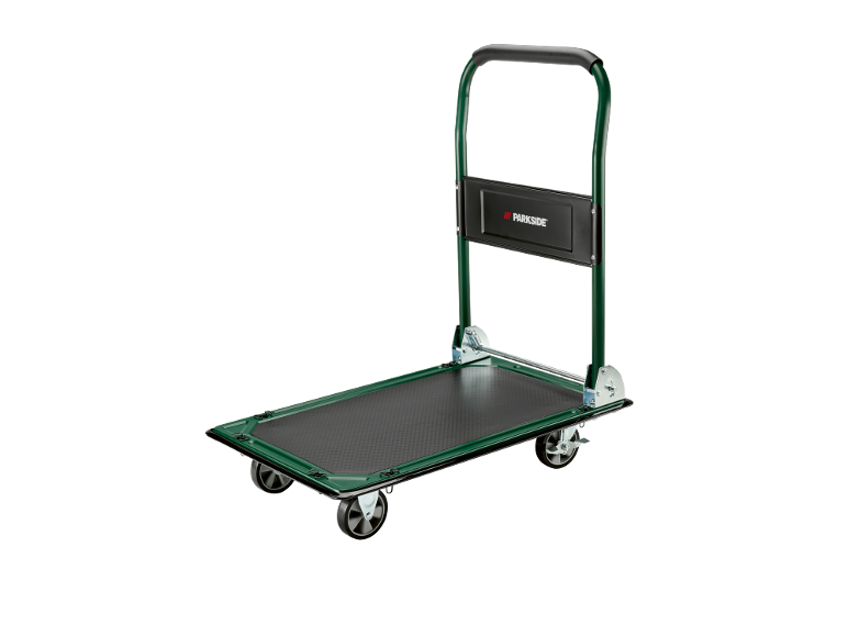 Green folding platform trolley with a black handle and wheels.