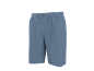 Blue shorts with a drawstring and button at the waist.