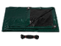 Green tarp with a black underside and a coiled black rope.