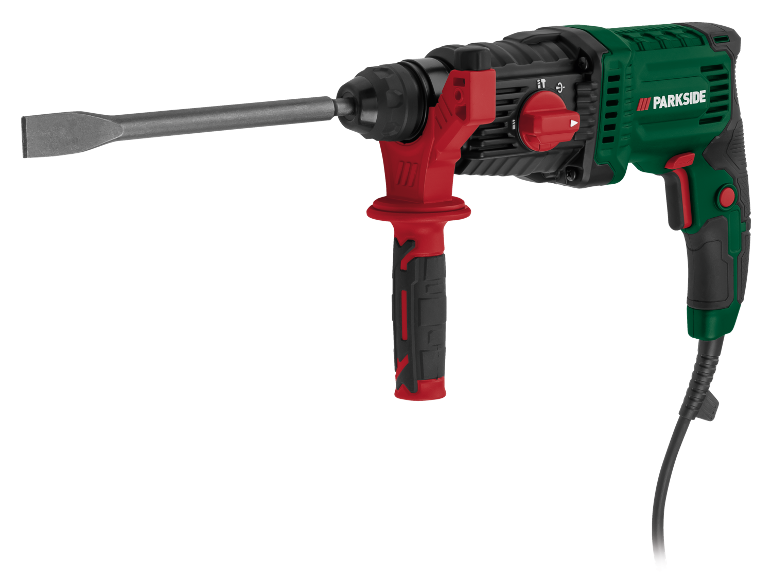 Green and black rotary hammer drill with red handle and chisel