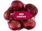 Red onions in a net with a label that reads 'RED ONIONS'.
