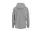 Back view of a plain light grey hooded sweatshirt with long sleeves.